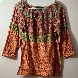 Lauren Ralph Lauren Small Colorful Peasant Boho Top, 100% cotton